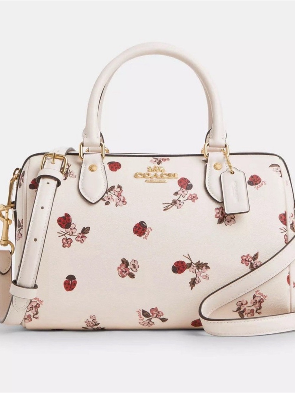 Coach White Mini Satchel with Pink Floral & Red Ladybug Print